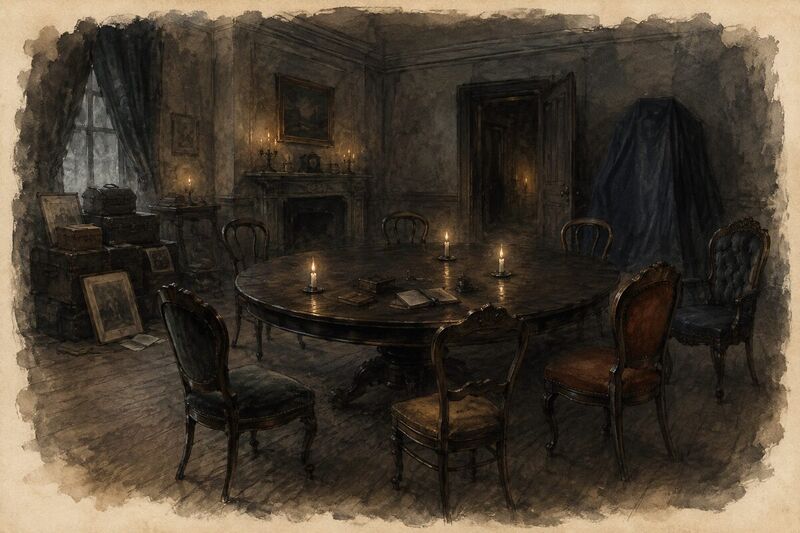 Empty chairs arranged around a table