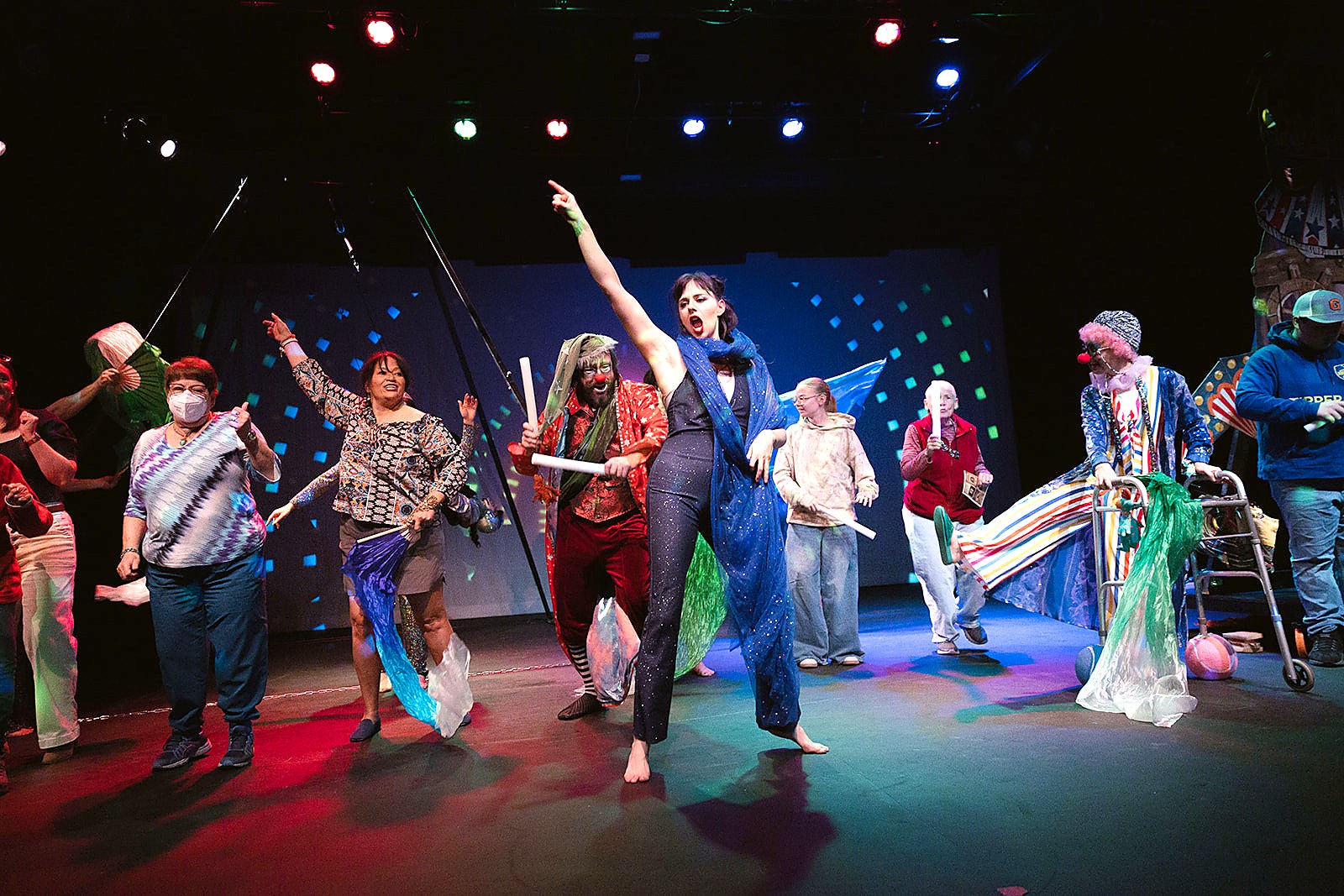 Ensemble lift with clown character, Soul Penny Circus production