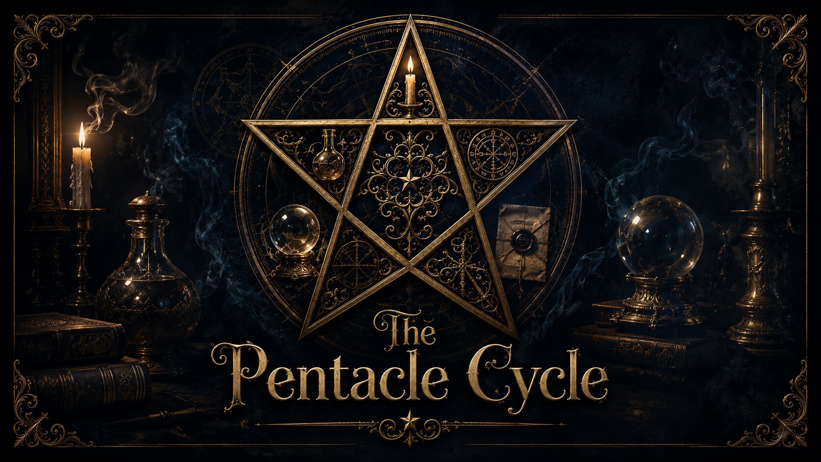 The Pentacle Cycle -- an ornate gold pentacle emblem surrounded by candles and occult artifacts