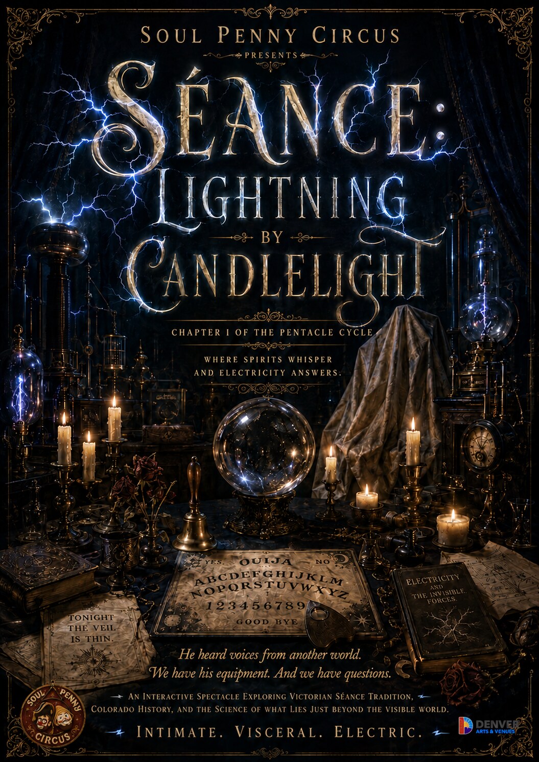 Séance: Lightning by Candlelight -- Soul Penny Circus presents, Chapter I of the Pentacle Cycle, coming in 2027 in conjunction with Denver Arts & Venues. Where spirits whisper and electricity answers.